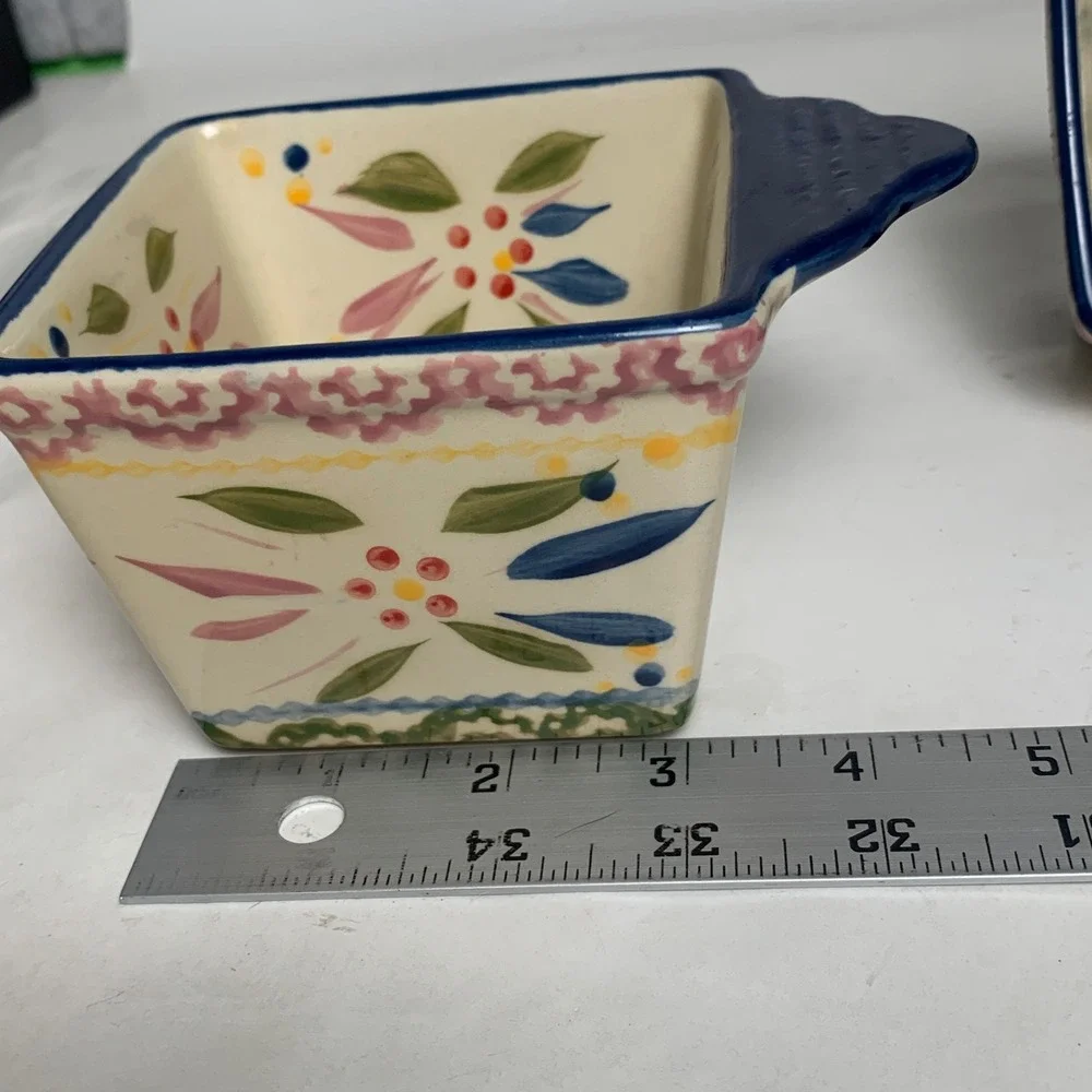 Temp-tations Ramekin Set 3 Old World Floral Square 10oz Ceramic Blue EUC